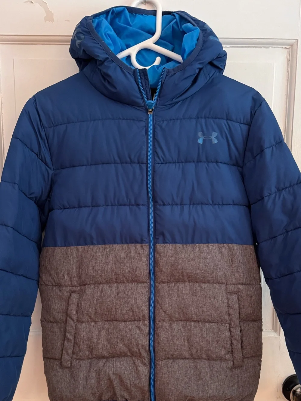 Under Armour Boys Pronto Colorblock Puffer Jacket Youth Large YLG Blue Gray Coat